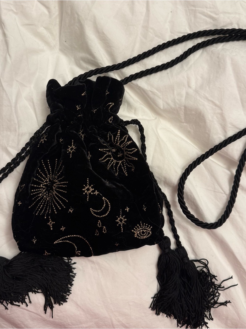 J. Crew velvet drawstring celestial bag